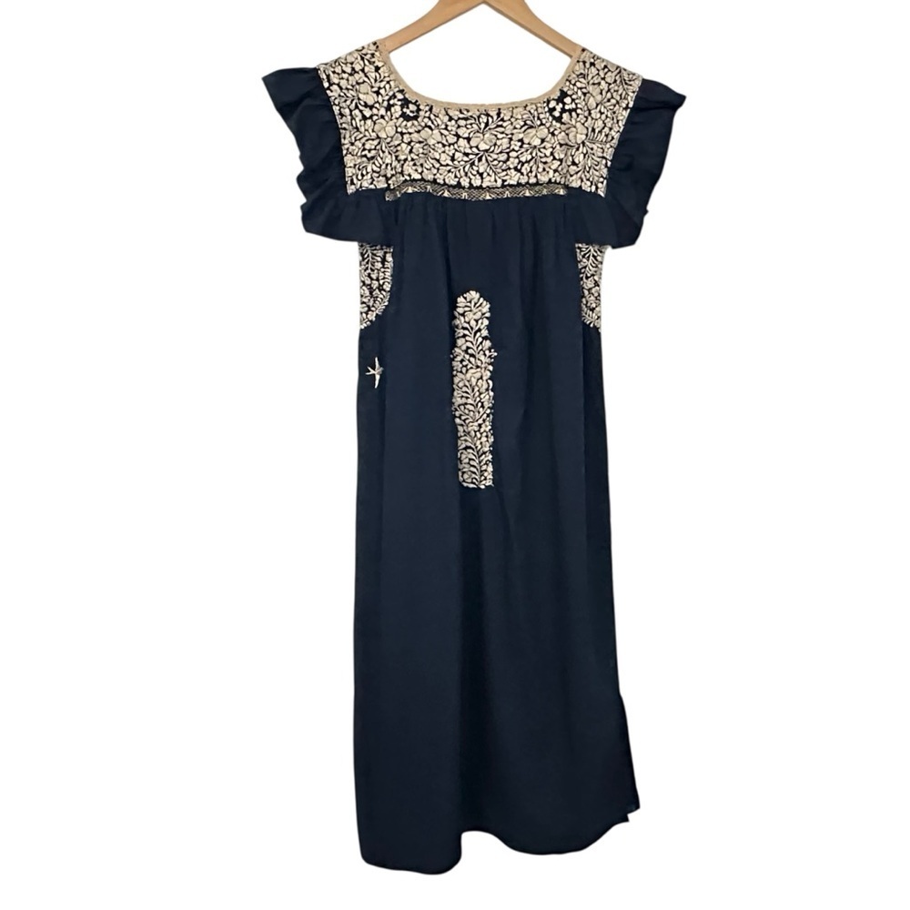 Mi Golondrina Womens Soledad Midi Dress Sz 2 Blue Gold Slits Ruffle